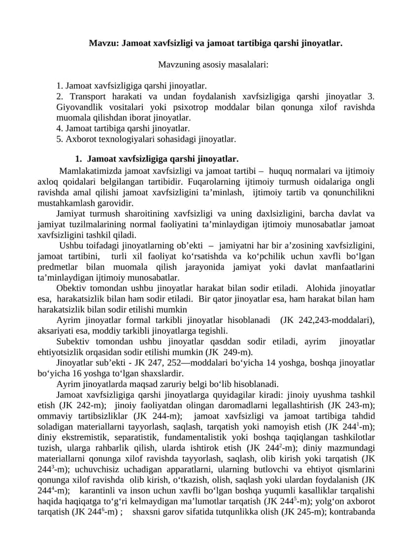 Jamoat xavfsizligi va jamoat tartibiga qarshi jinoyatlar