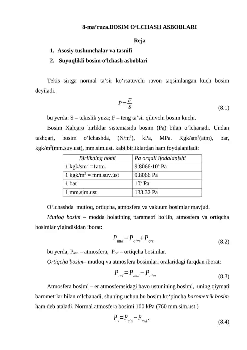 BOSIM O‘LCHASH ASBOBLARI
