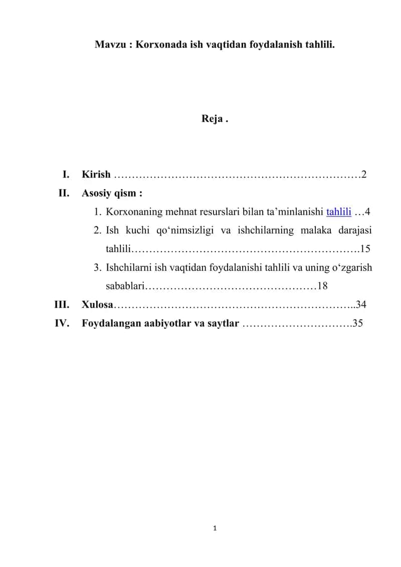 Korxonada ish vaqtidan foydalanish tahlili.