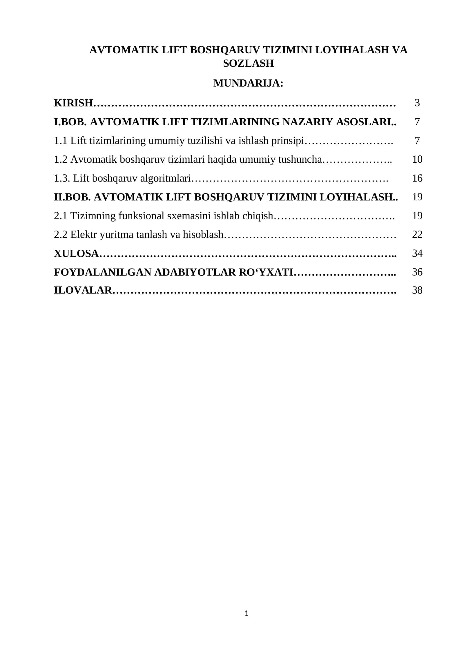 AVTOMATIK LIFT BOSHQARUV TIZIMINI LOYIHALASH VA SOZLASH