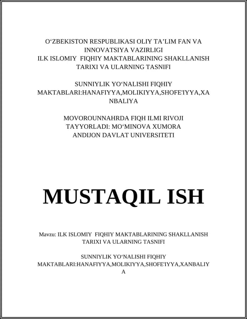 ILK ISLOMIY FIQHIY MAKTABLARINING SHAKLLANISH TARIXI VA ULARNING TASNIFI