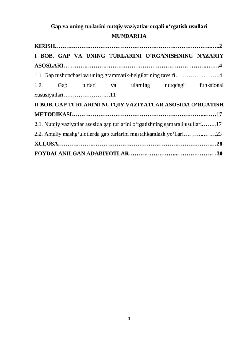 Gap va uning turlarini nutqiy vaziyatlar orqali o‘rgatish usullari