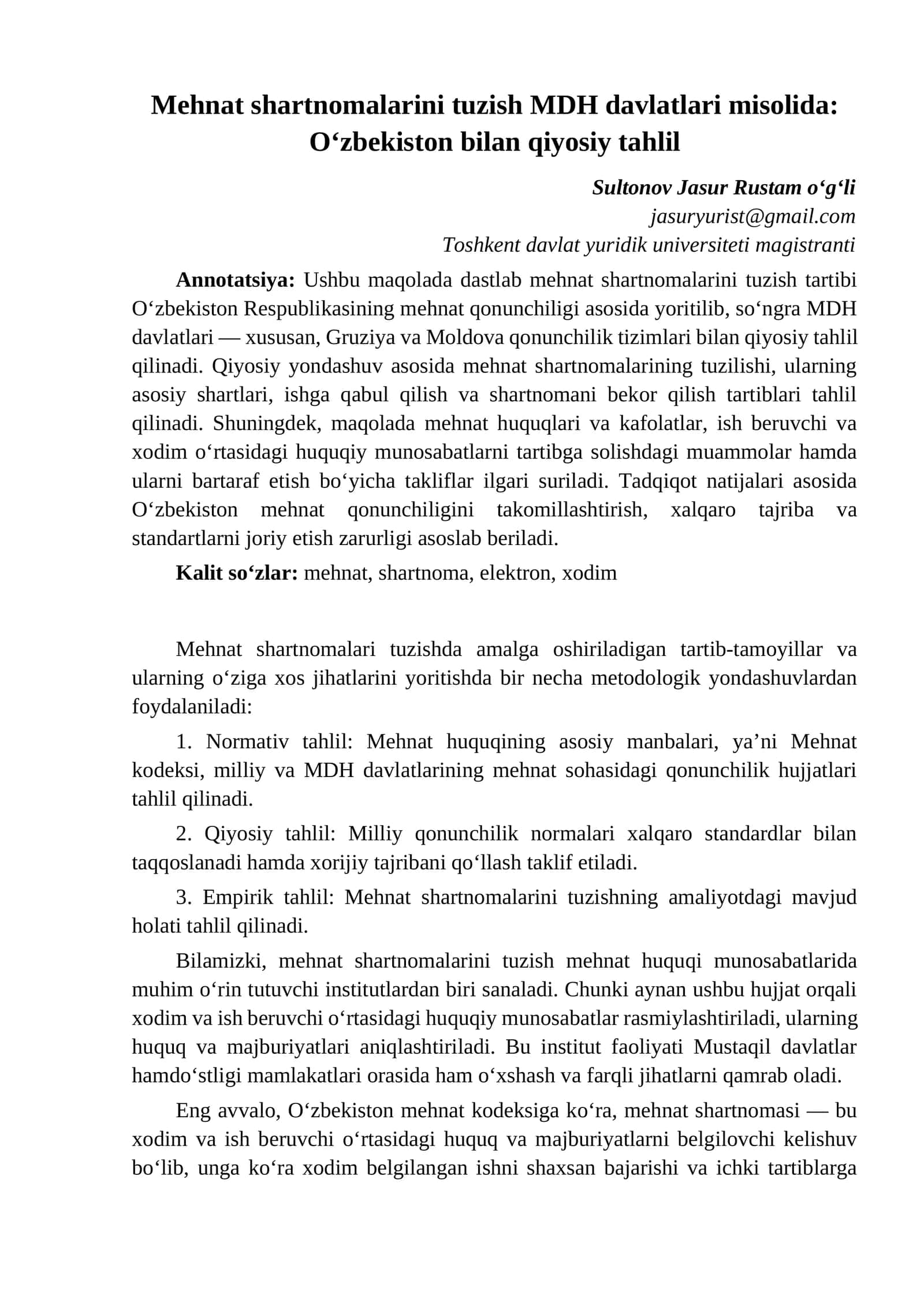 Mehnat shartnomalarini tuzish MDH davlatlari misolida: O‘zbekiston bilan qiyosiy tahlil