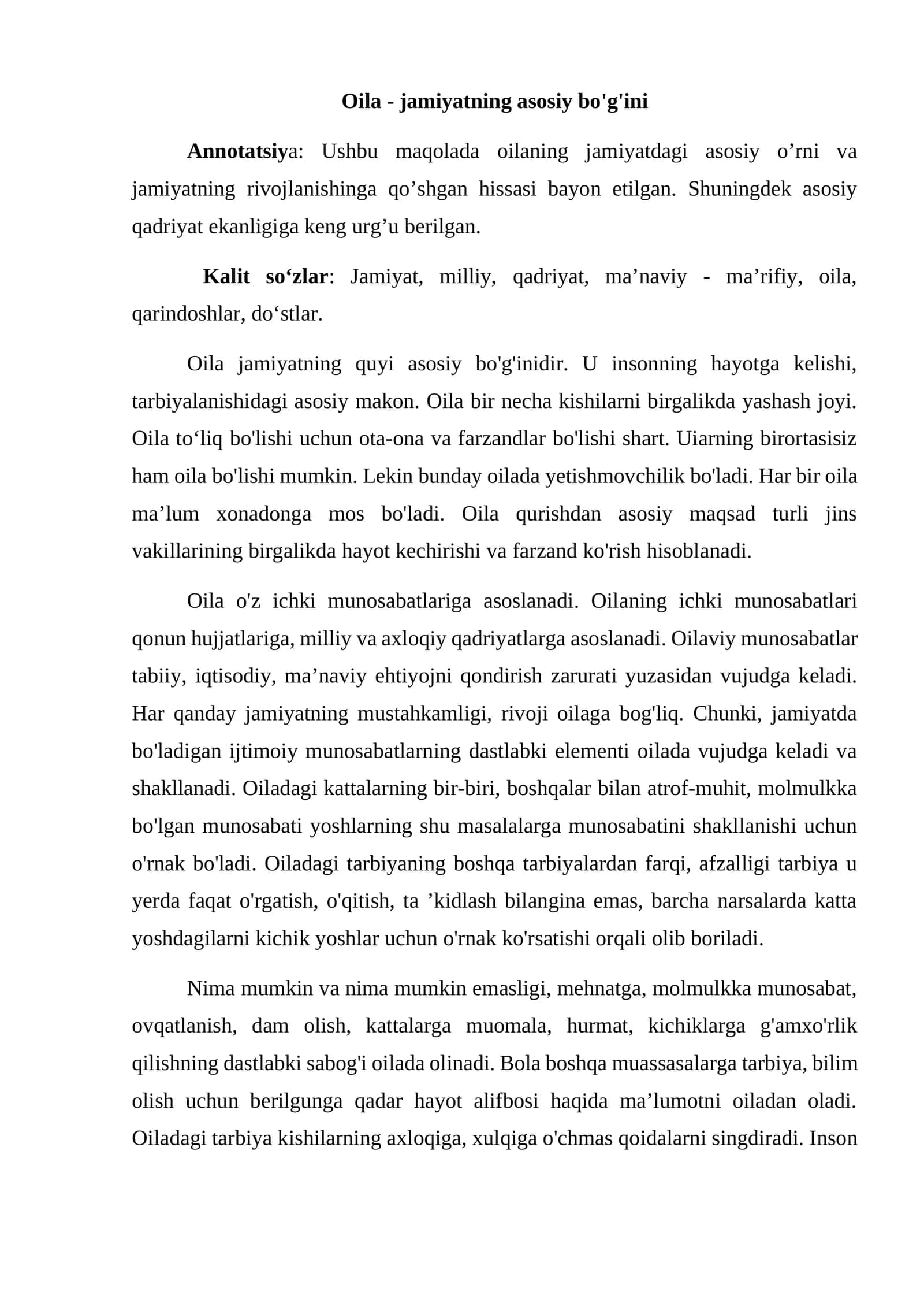 Oila - jamiyatning asosiy bo'g'ini