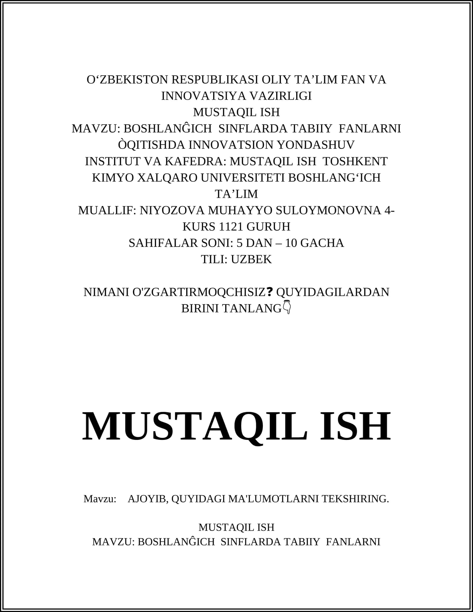 BOSHLANĜICH SINFLARDA TABIIY FANLARNI ÒQITISHDA INNOVATSION YONDASHUV