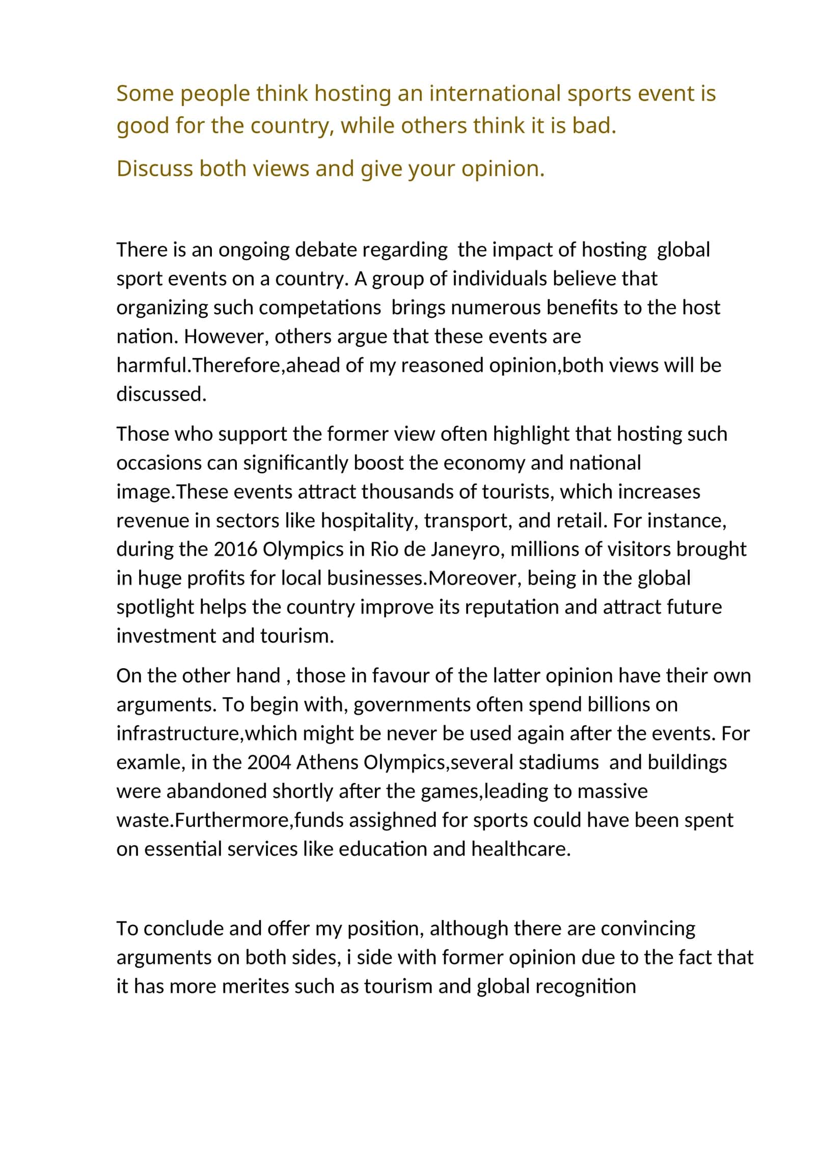 Impact of Hosting Global Sport Events on a Country