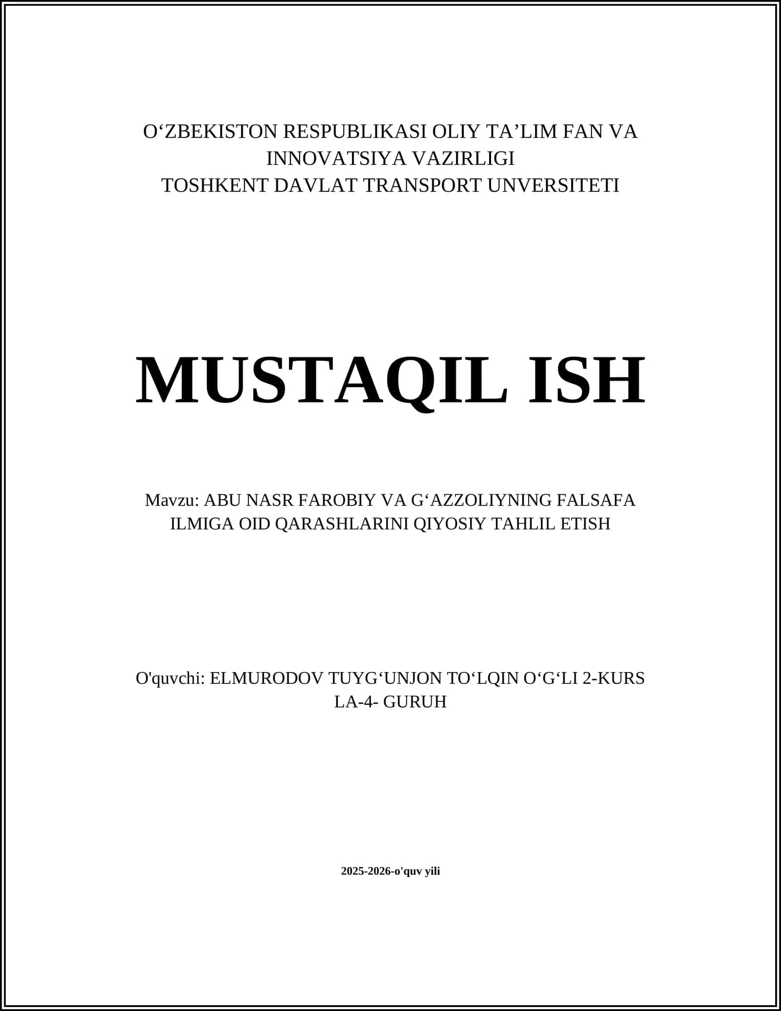 ABU NASR FAROBIY VA G‘AZZOLIYNING FALSAFA ILMIGA OID QARASHLARINI QIYOSIY TAHLIL ETISH