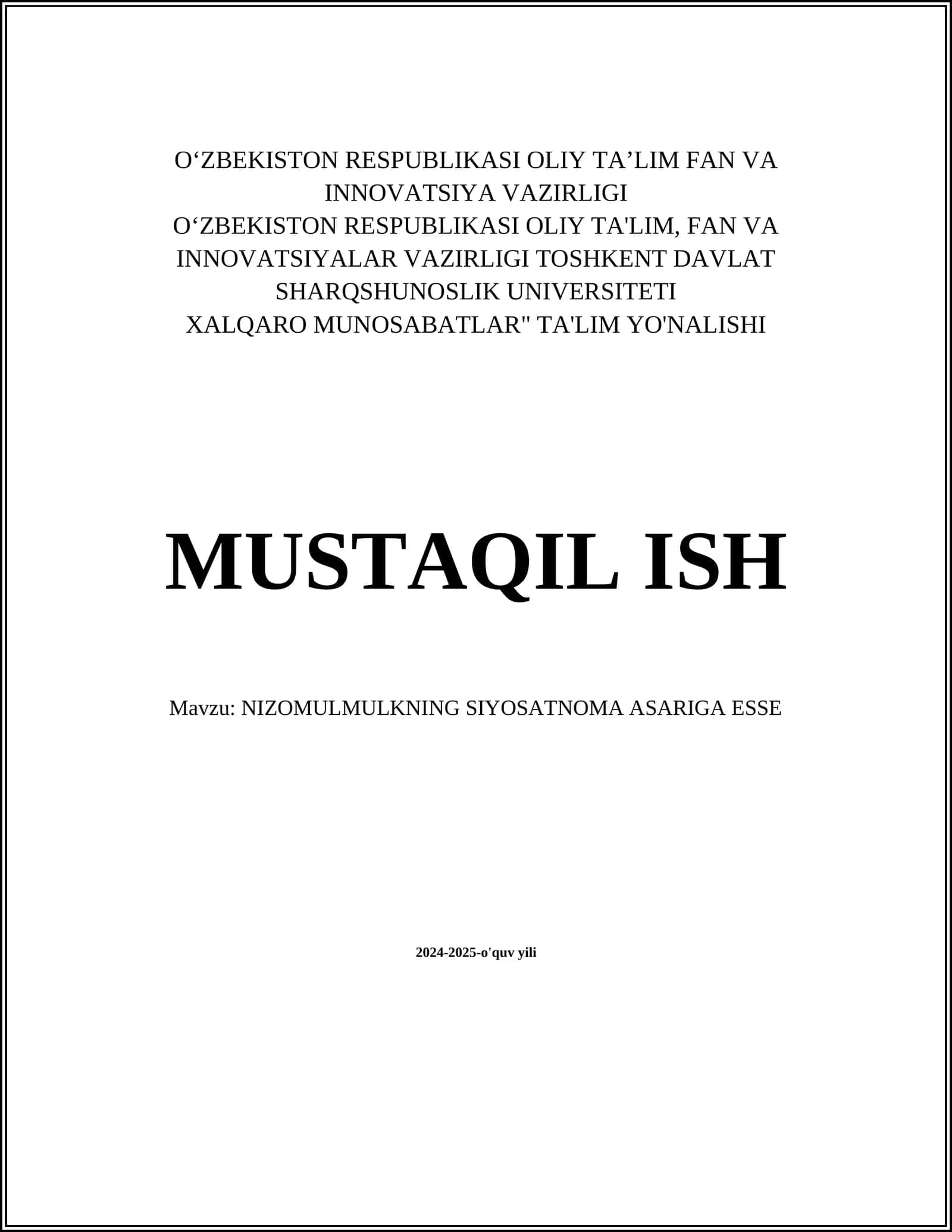 NIZOMULMULKNING SIYOSATNOMA ASARIGA ESSE