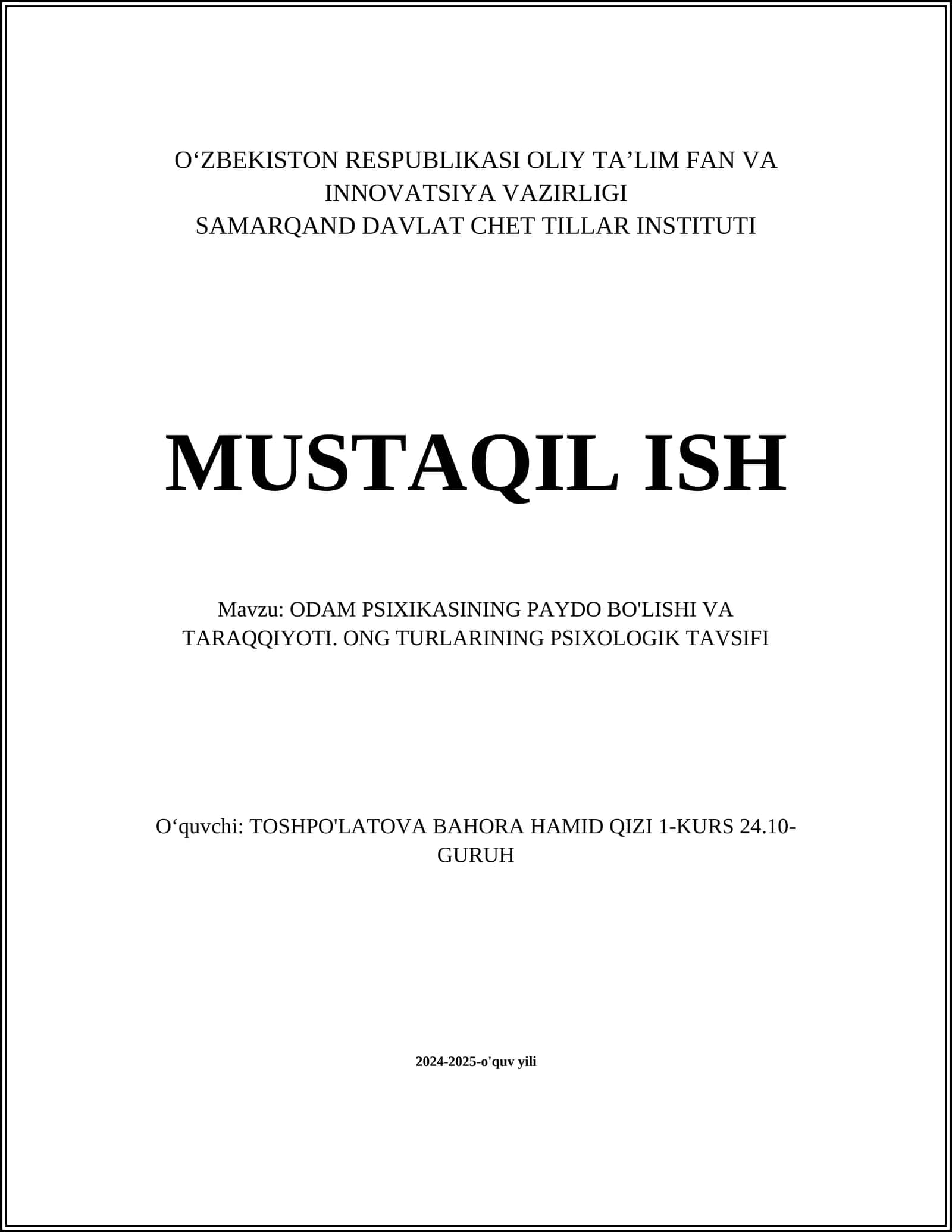 ODAM PSIXIKASINING PAYDO BO'LISHI VA TARAQQIYOTI