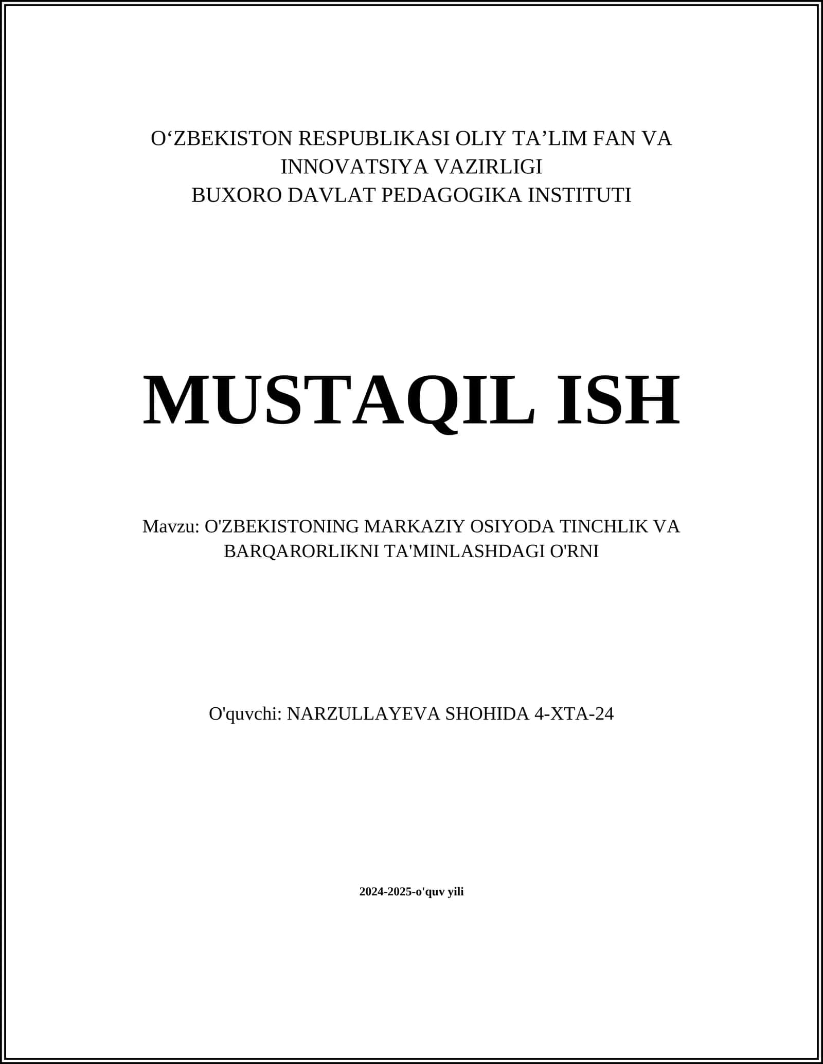 O'ZBEKISTON RESPUBLIKASI OLIY TA’LIM FAN VA INNOVATSIYA VAZIRLIGI