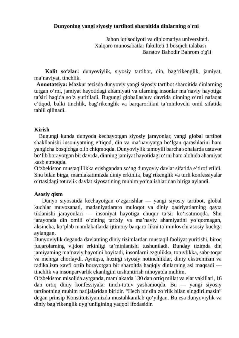 Dunyoning yangi siyosiy tartiboti sharoitida dinlarning o'rni