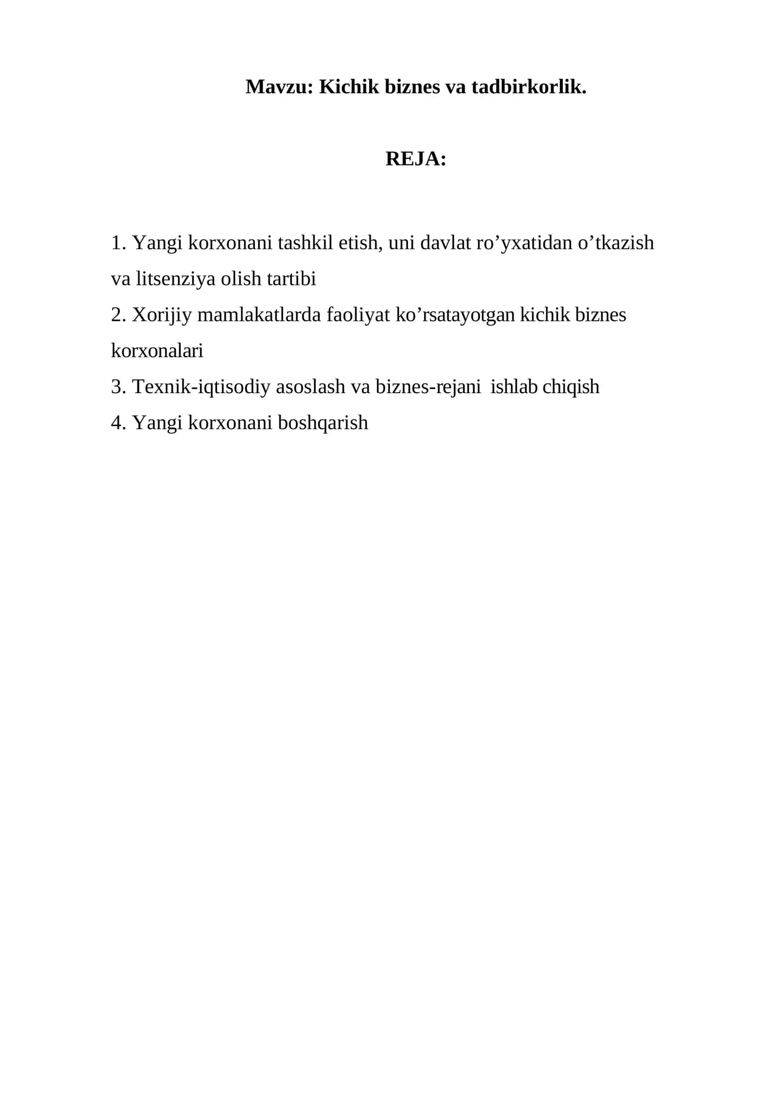 Kichik biznes va tadbirkorlik