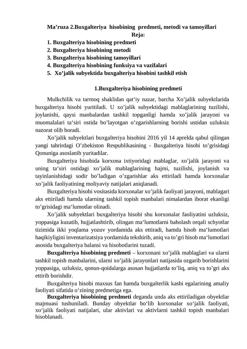Buxgalteriya hisobining predmeti, metodi va tamoyillari