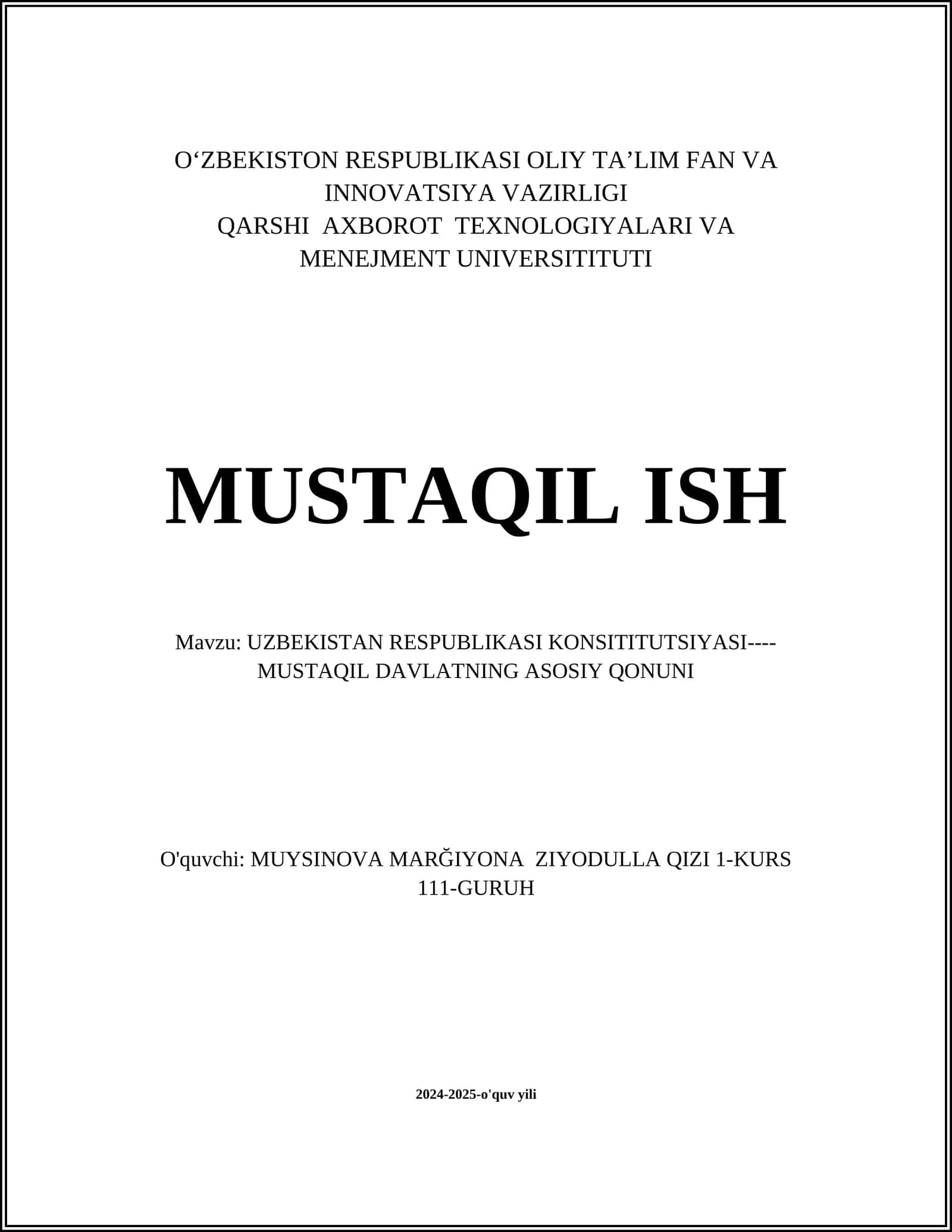 UZBEKISTAN RESPUBLIKASI KONSITITUTSIYASI----MUSTAQIL DAVLATNING ASOSIY QONUNI