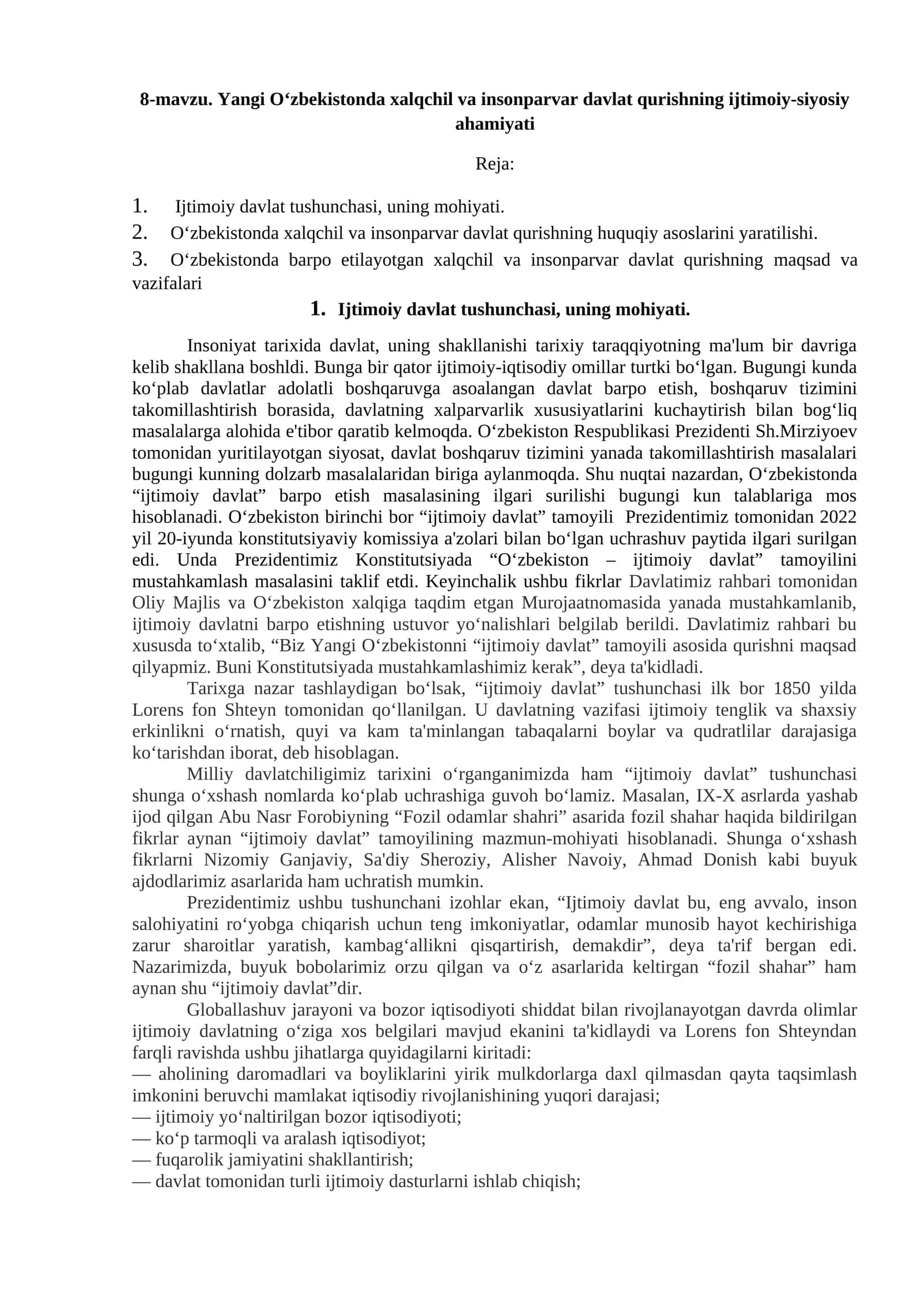 Yangi O‘zbekistonda xalqchil va insonparvar davlat qurishning ijtimoiy-siyosiy ahamiyati