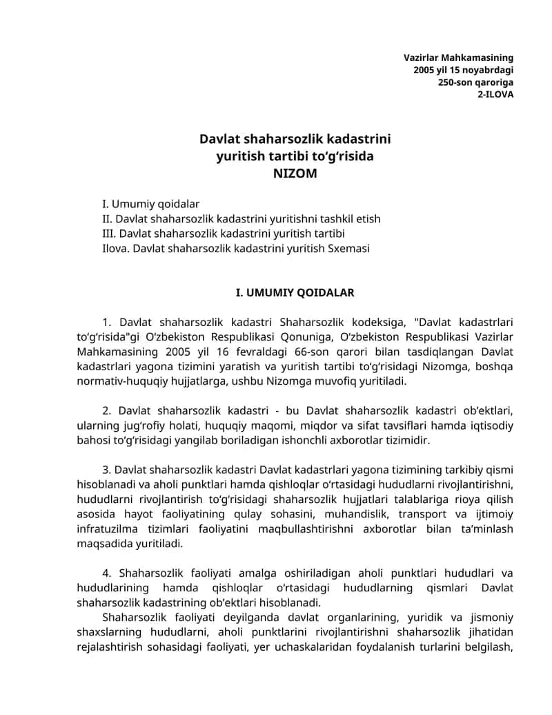 Davlat shaharsozlik kadastrini yuritish tartibi NIZOM