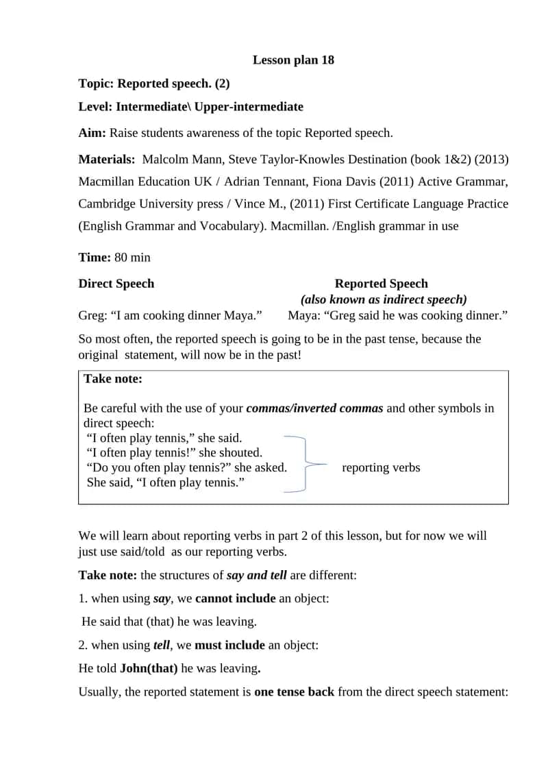 Reported speech lesson plan
