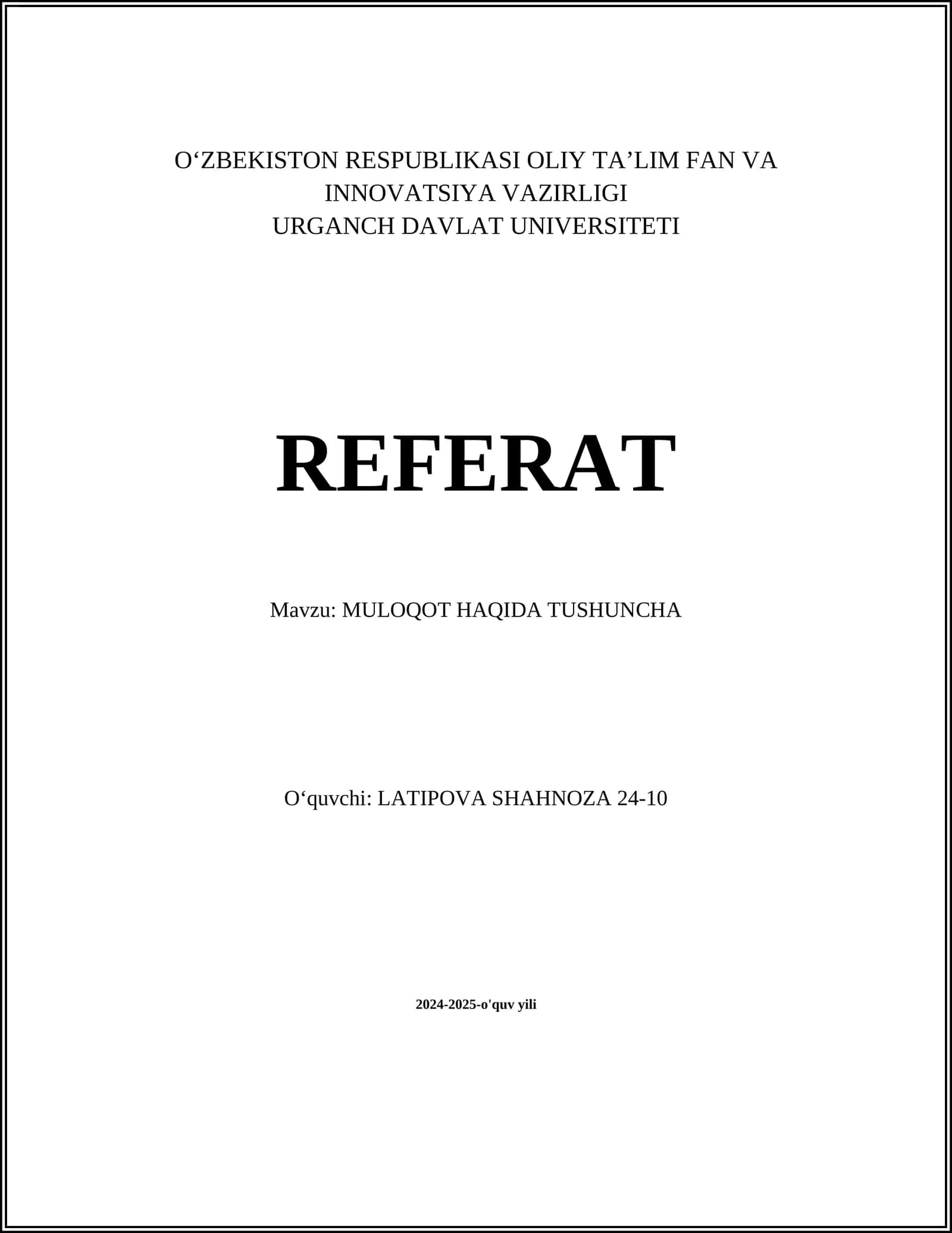 MULOQOT HAQIDA TUSHUNCHA