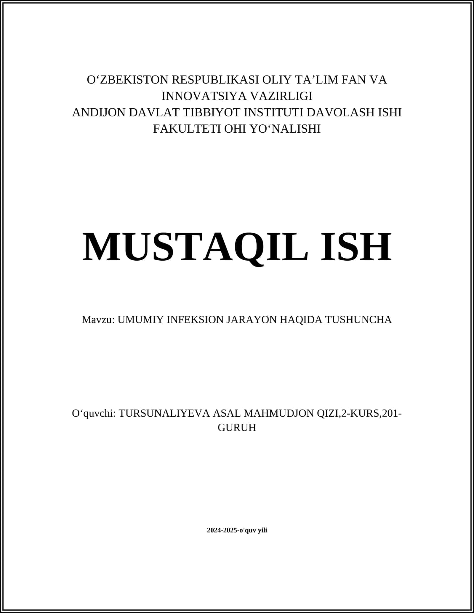 UMUMIY INFEKSION JARAYON HAQIDA TUSHUNCHA
