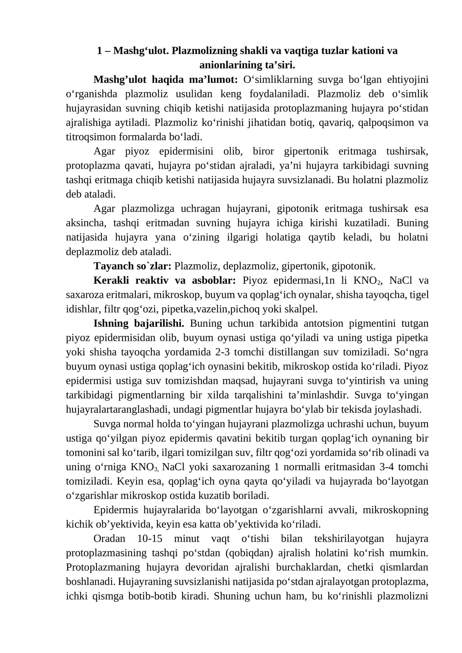 Plazmolizning shakli va vaqtiga tuzlar kationi va anionlarining ta’siri