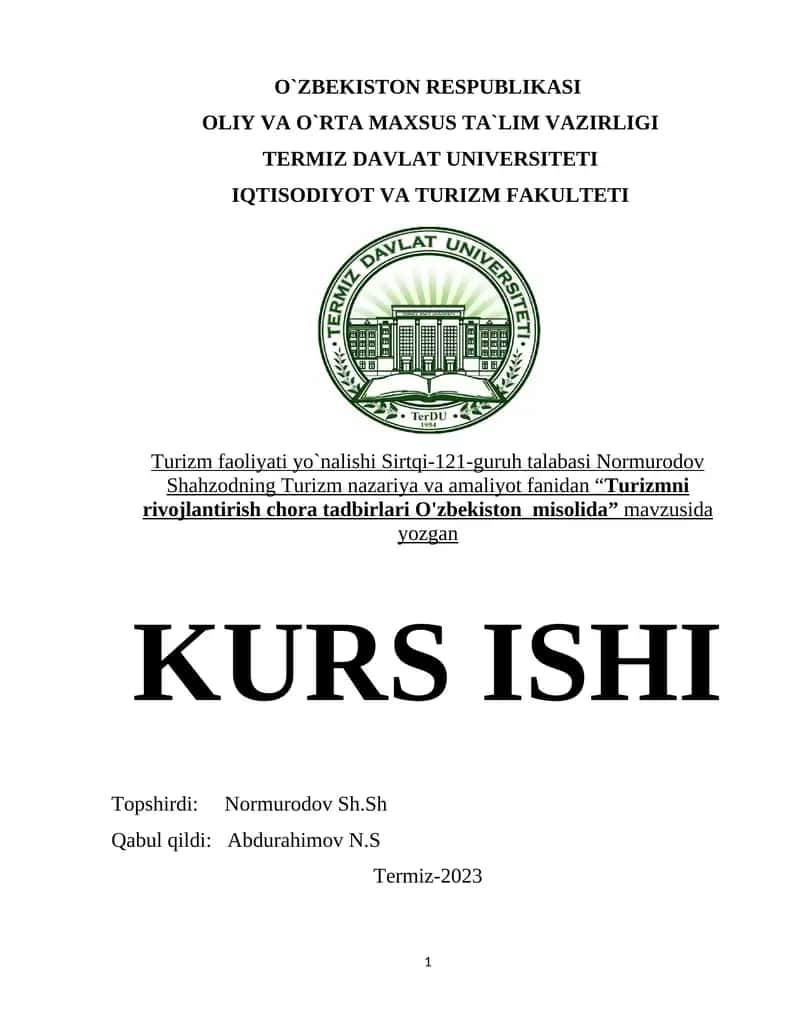 Turizmni rivojlantirish chora tadbirlari O'zbekiston misolida