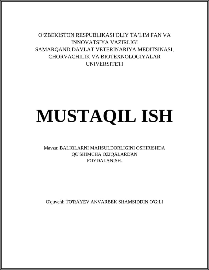 BALIQLARNI MAHSULDORLIGINI OSHIRISHDA QO'SHIMCHA OZIQALAR