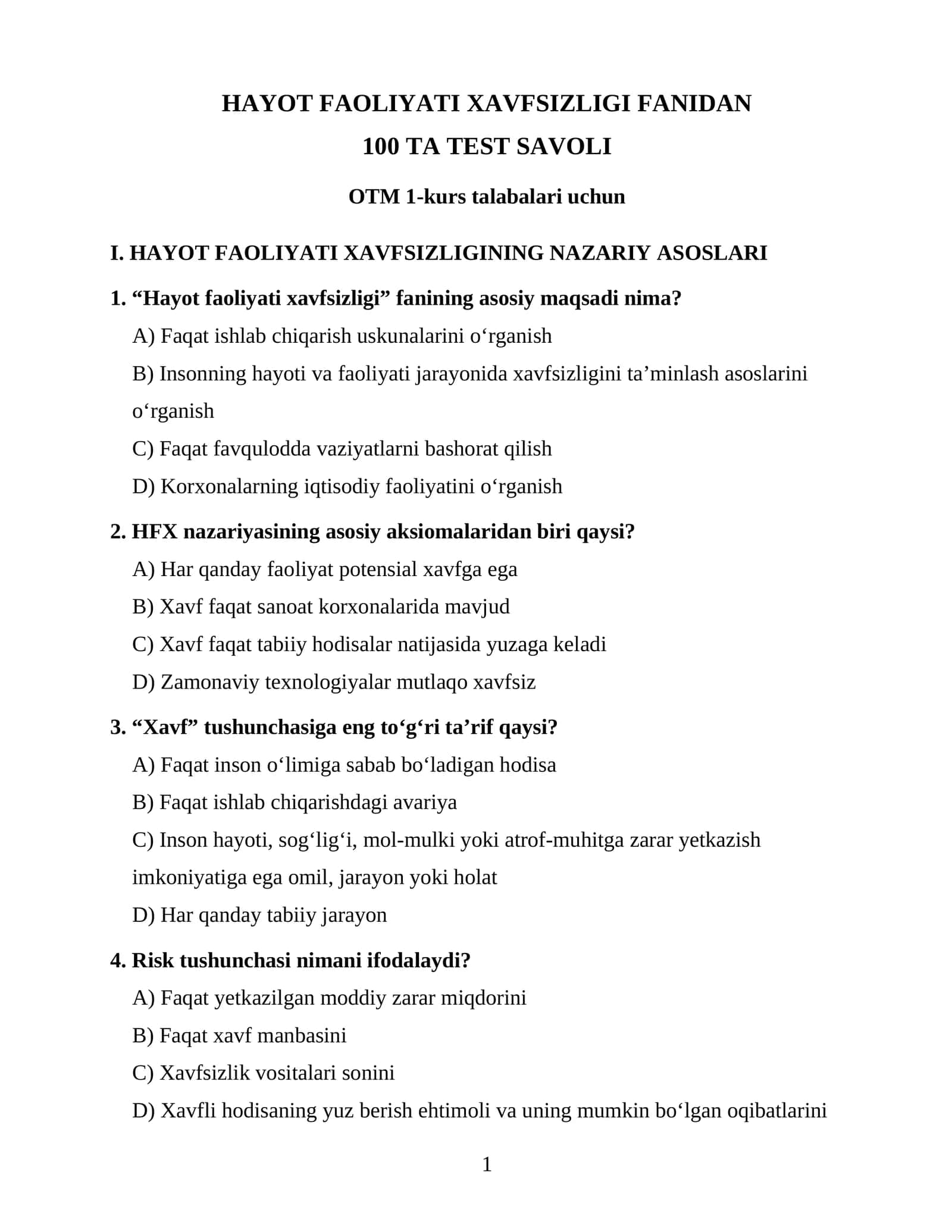 HAYOT FAOLIYATI XAVFSIZLIGI FANIDAN 100 TA TEST SAVOLI OTM 1-kurs talabalari uchun