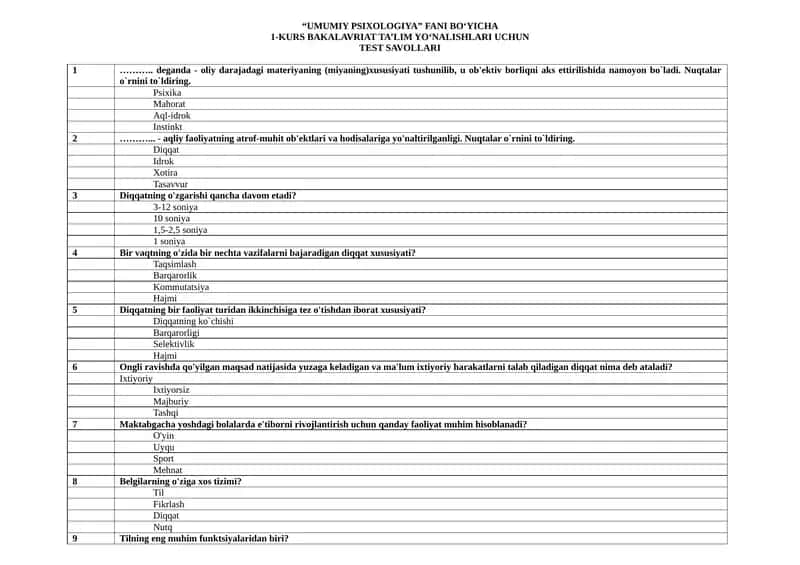 “UMUMIY PSIXOLOGIYA” FANI BO‘YICHA 1-KURS BAKALAVRIAT TA’LIM YO‘NALISHLARI UCHUN TEST SAVOLLARI