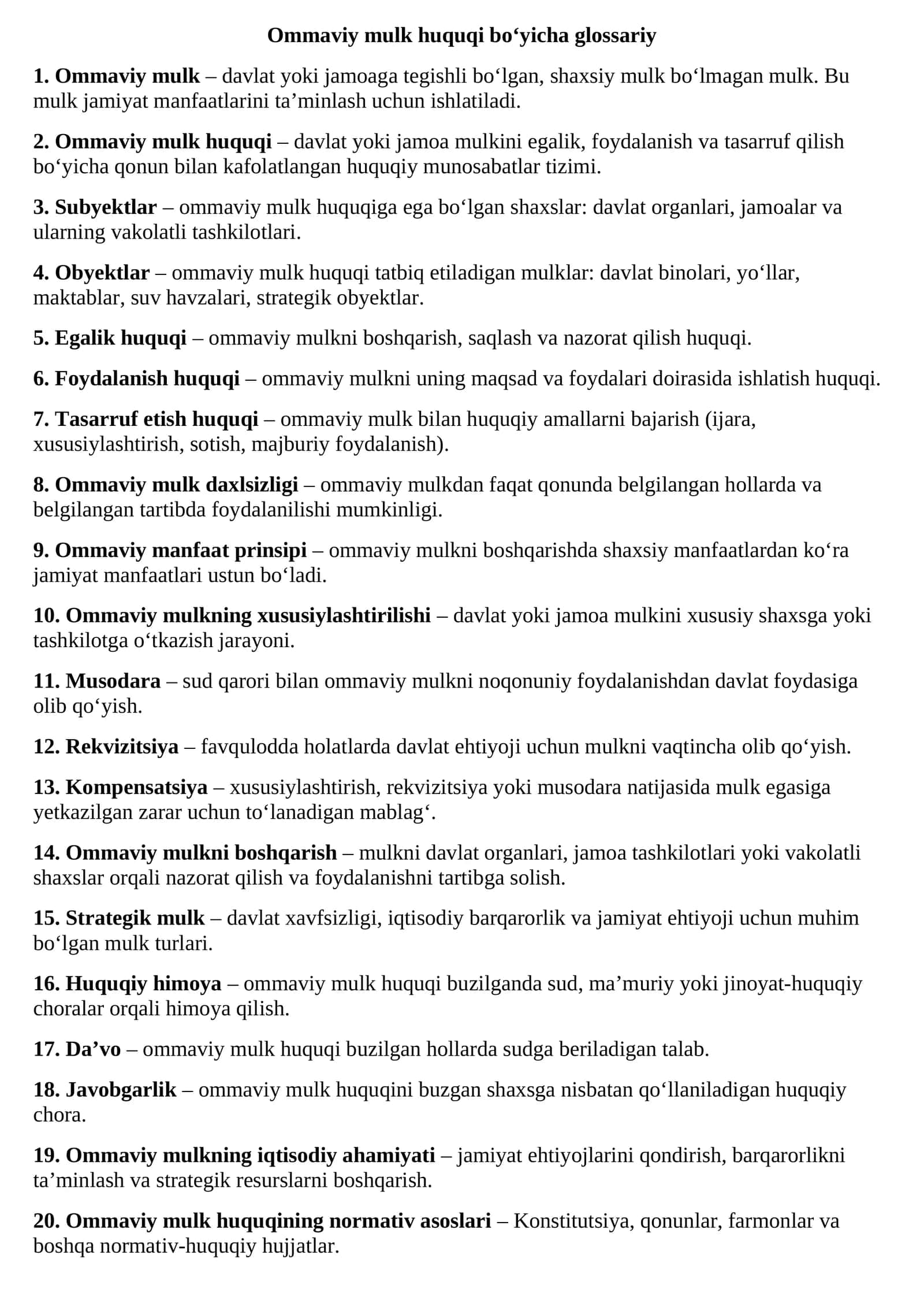 Ommaviy mulk huquqi bo‘yicha glossariy