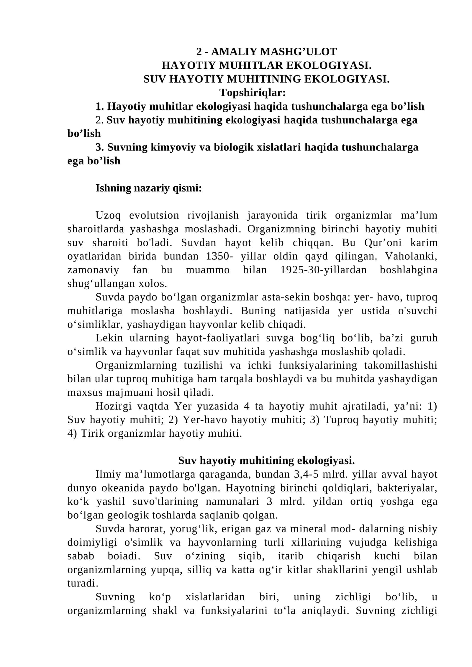 HAYOTIY MUHITLAR EKOLOGIYASI