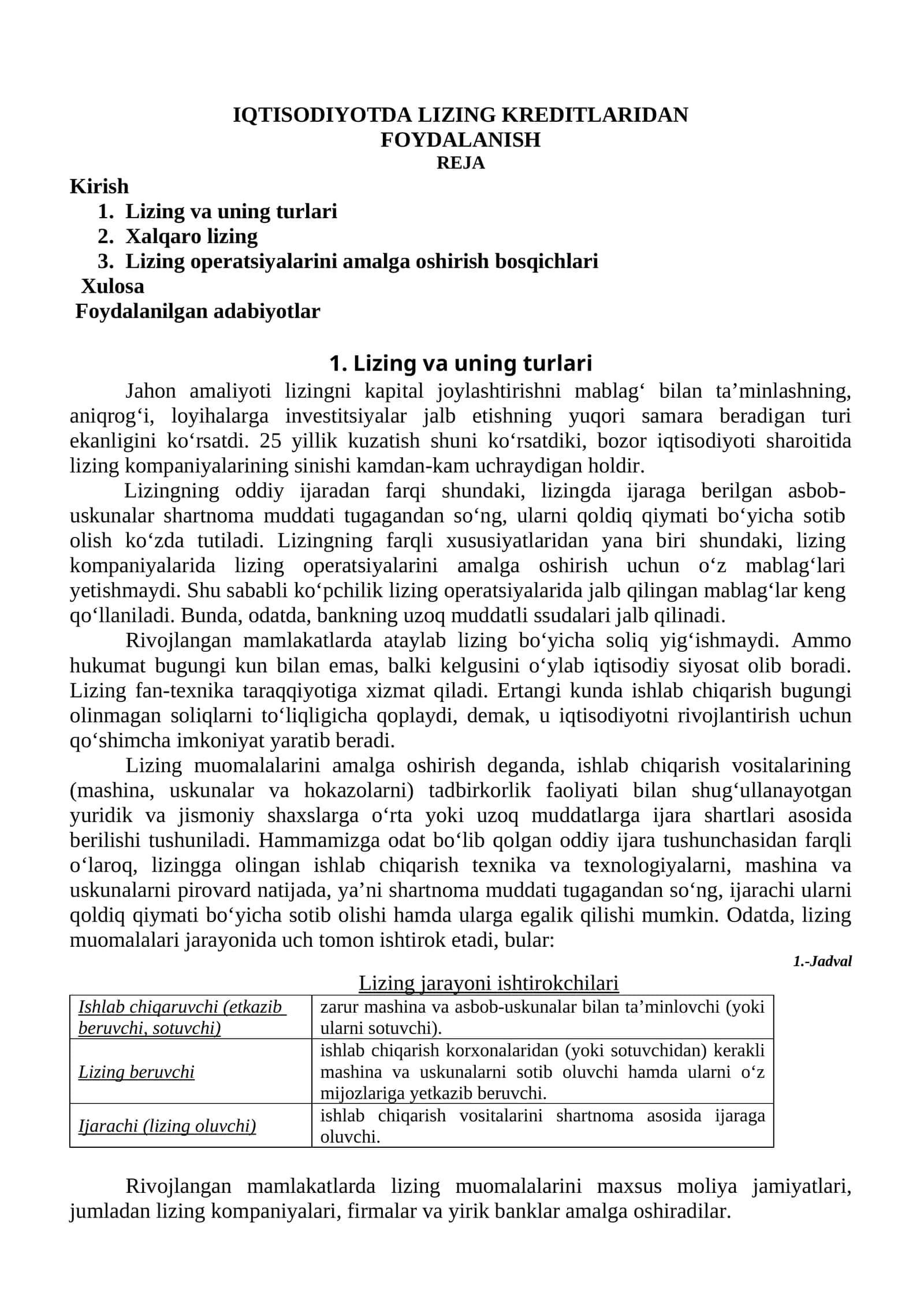IQTISODIYOTDA LIZING KREDITLARIDAN FOYDALANISH