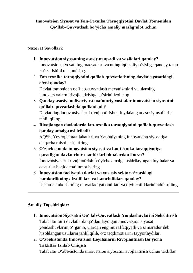 Innovatsion Siyosat va Fan-Texnika Taraqqiyotini Davlat Tomonidan Qo‘llab-Quvvatlash bo‘yicha amaliy mashg‘ulot