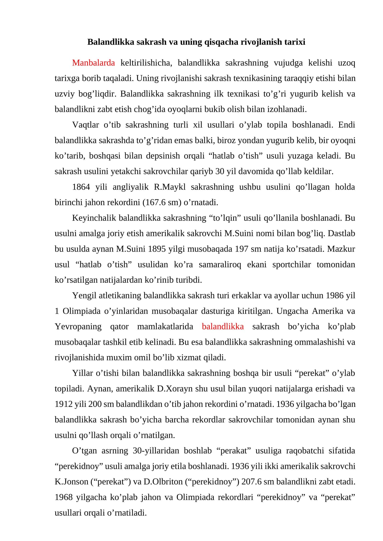 Balandlikka sakrash va uning qisqacha rivojlanish tarixi