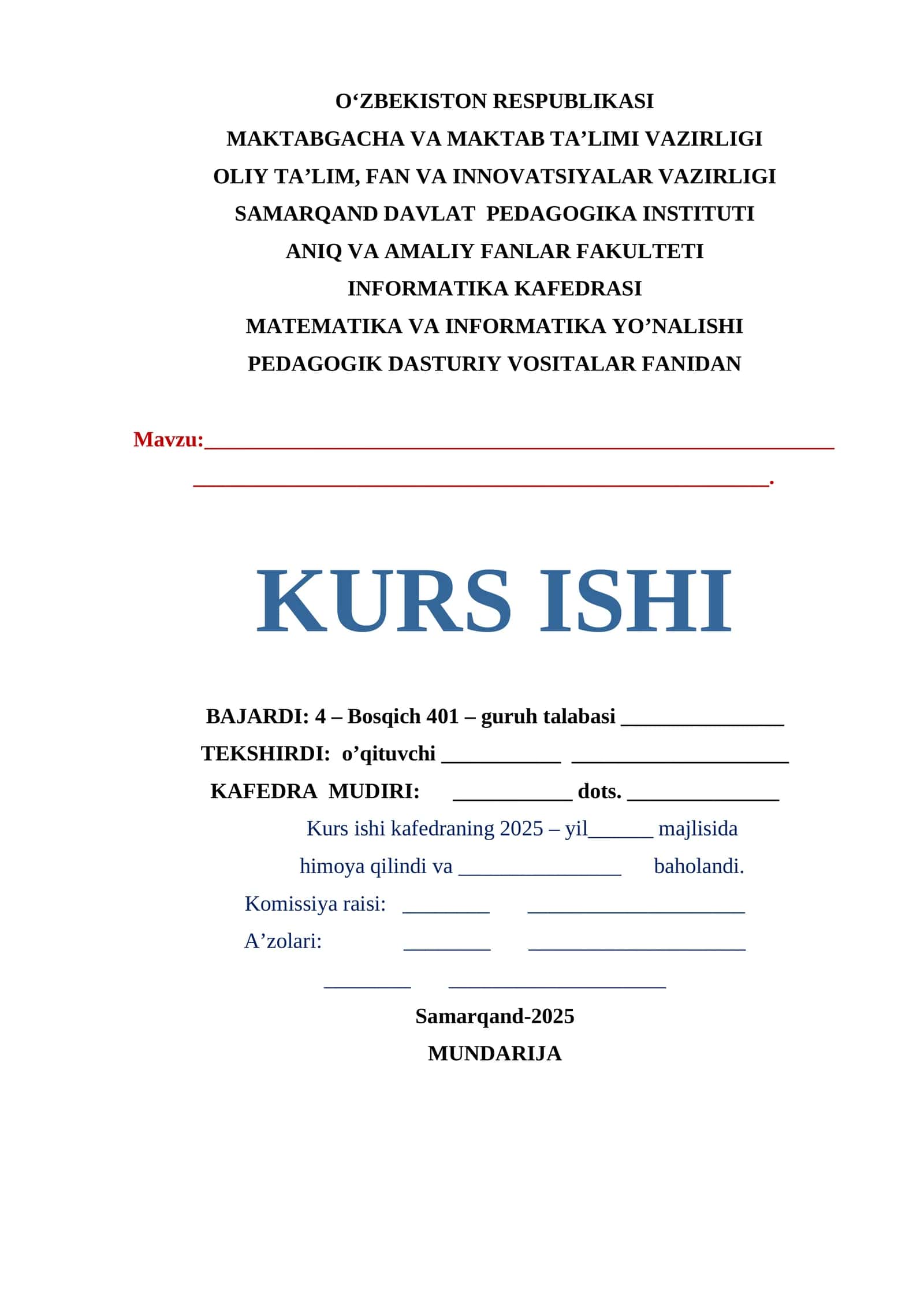 KURS ISHI. Umumiy ta'lim maktabida o'tqaziladigan kimyoviy eksperiment metodikasi