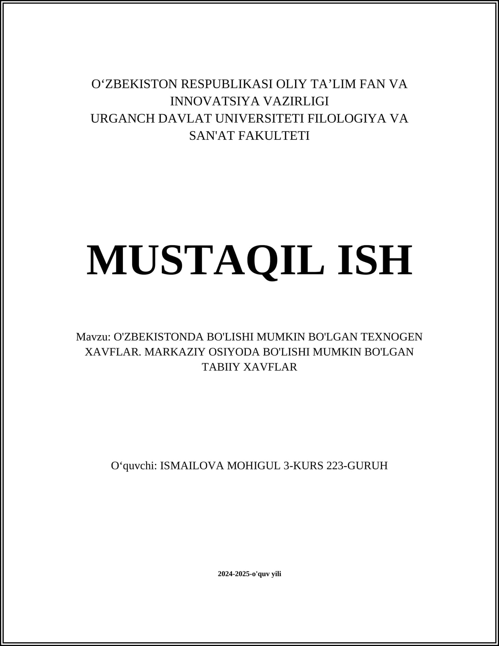 O'ZBEKISTONDA BO'LISHI MUMKIN BO'LGAN TEXNOGEN XAVFLAR. MARKAZIY OSIYODA BO'LISHI MUMKIN BO'LGAN TABIIY XAVFLAR