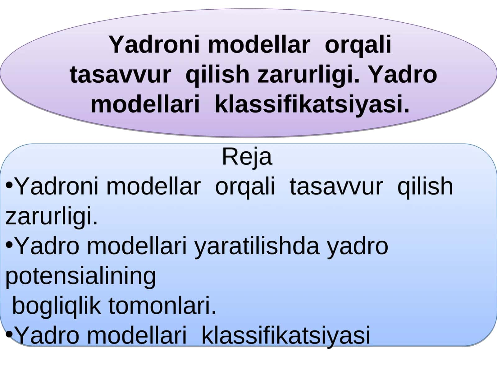 Yadroni modellar orqali tasavvur qilish zarurligi. Yadro modellari klassifikatsiyasi