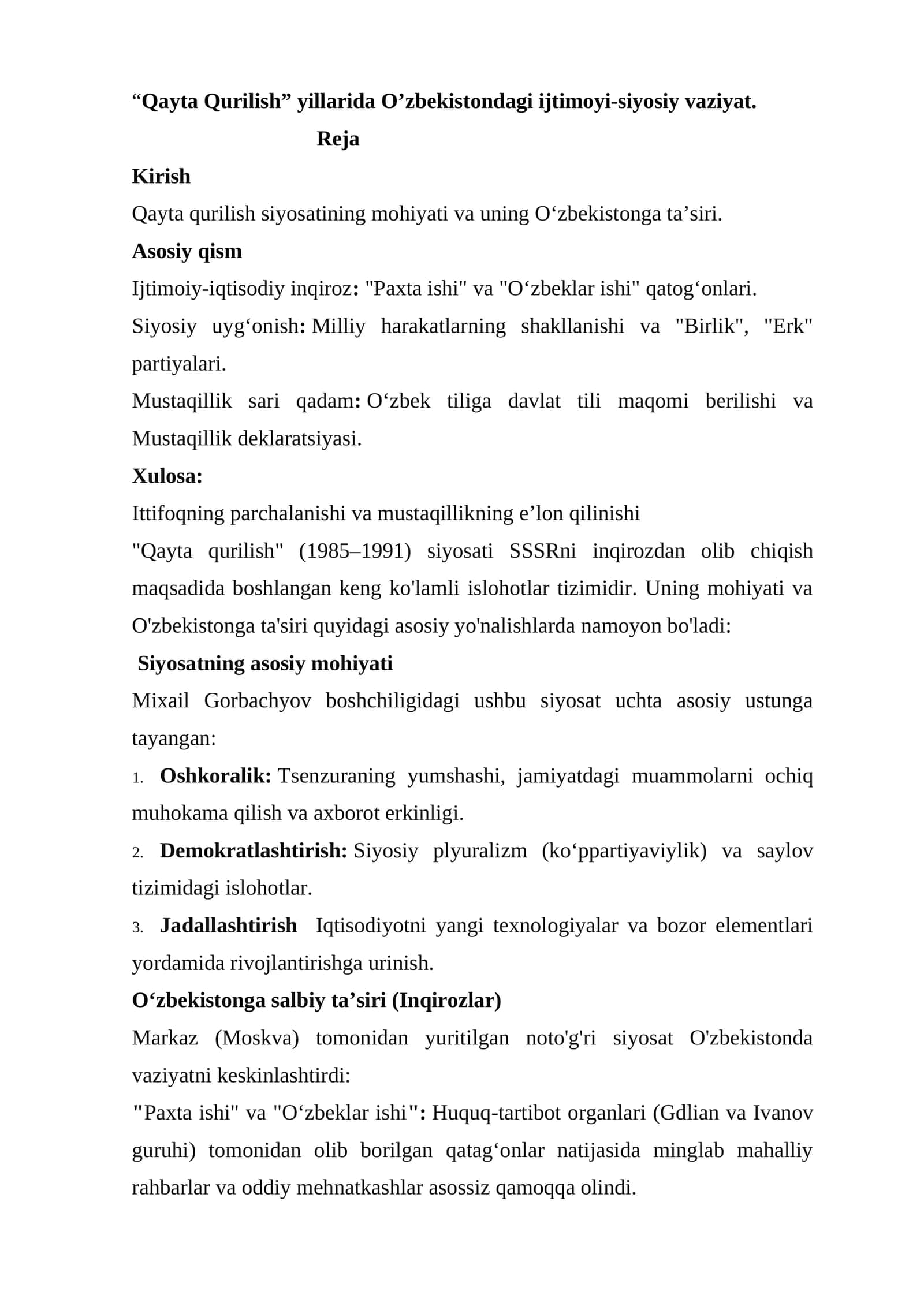 “Qayta Qurilish” yillarida O’zbekistondagi ijtimoyi-siyosiy vaziyat.
