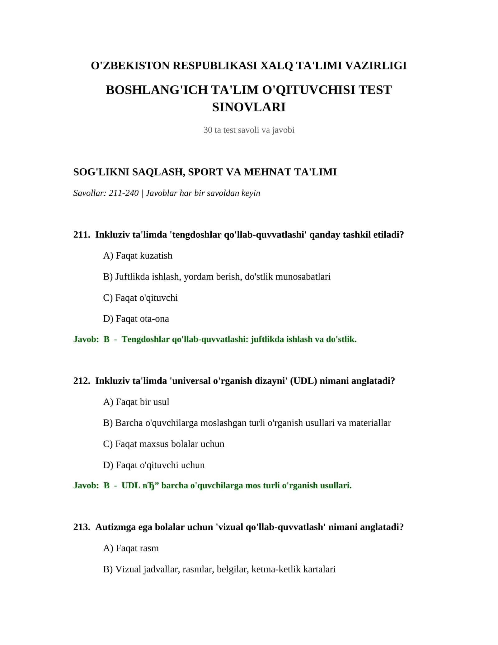 BOSHLANG'ICH TA'LIM O'QITUVCHISI TEST SINOVLARI