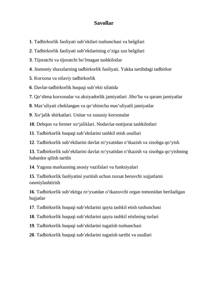 Tadbirkorlik faoliyati sub’ektlari