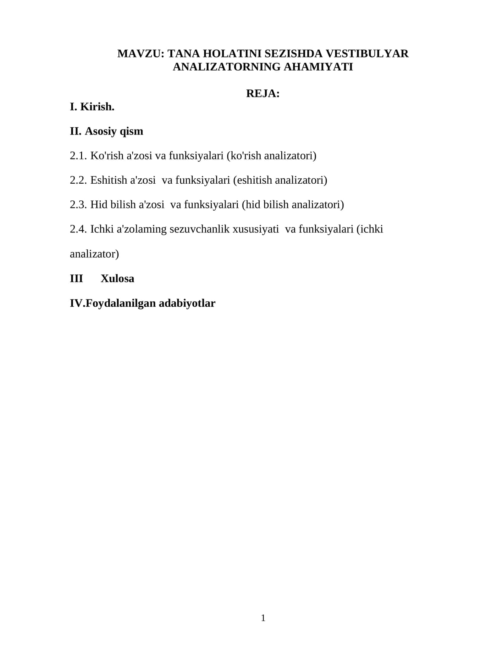 TANA HOLATINI SEZISHDA VESTIBULYAR ANALIZATORNING AHAMIYATI