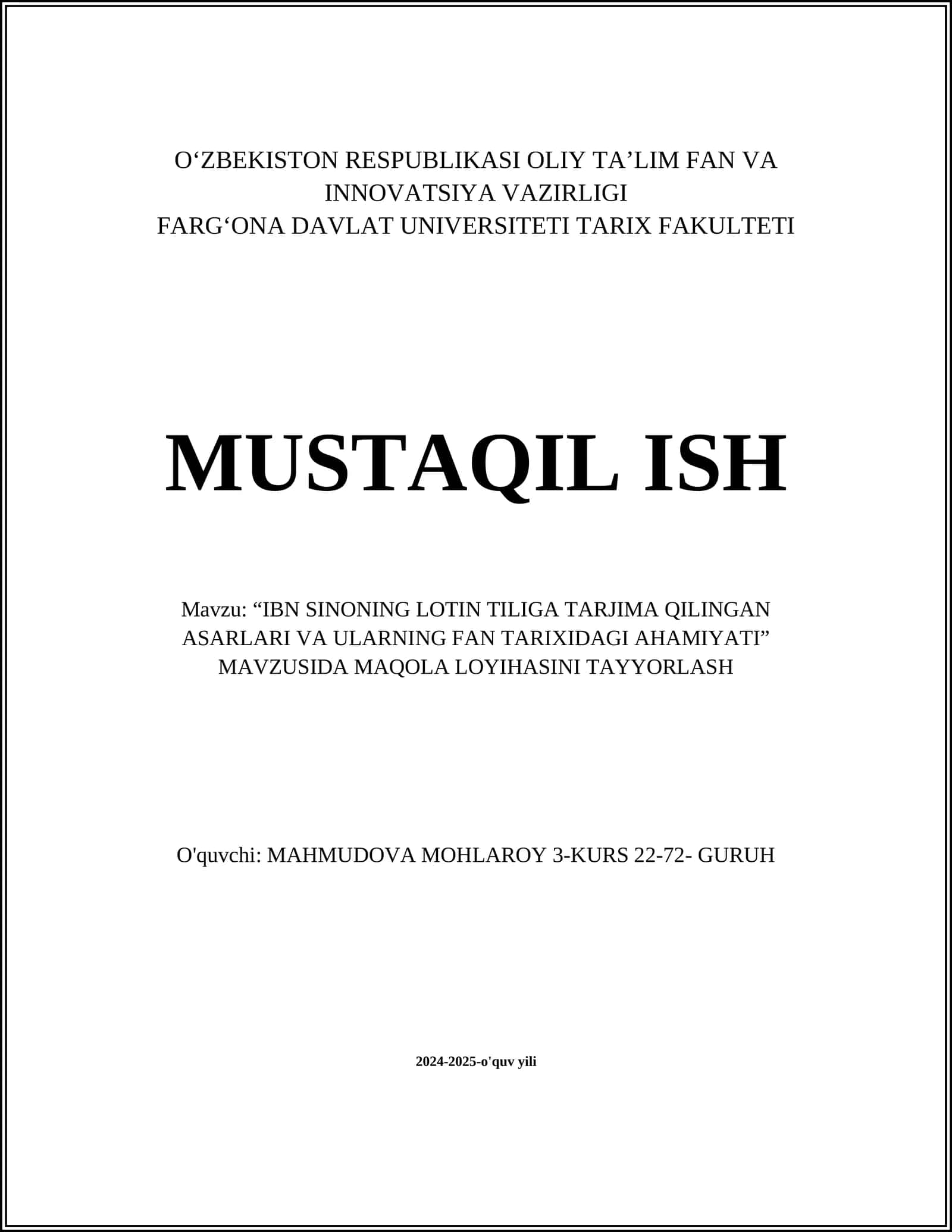 IBN SINONING LOTIN TILIGA TARJIMA QILINGAN ASARLARI VA ULARNING FAN TARIXIDAGI AHAMIYATI
