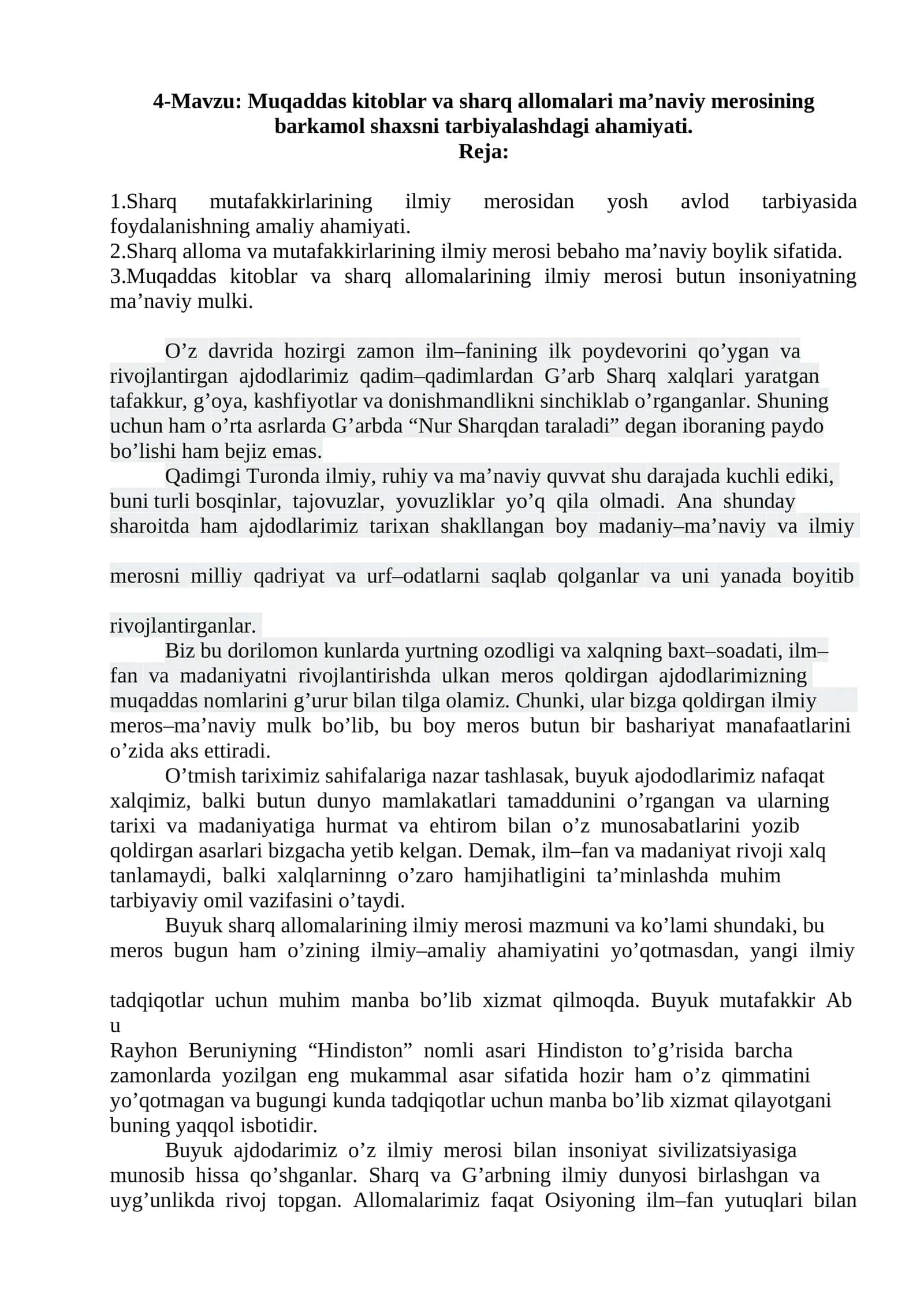 Muqaddas kitoblar va sharq allomalari ma’naviy merosining barkamol shaxsni tarbiyalashdagi ahamiyati