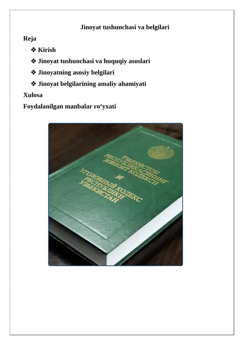 Jinoyat tushunchasi va belgilari