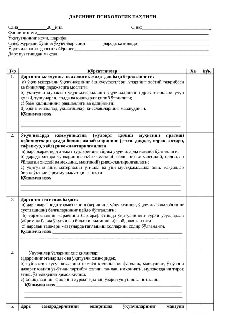 ДАРСНИНГ ПСИХОЛОГИК ТАҲЛИЛИ