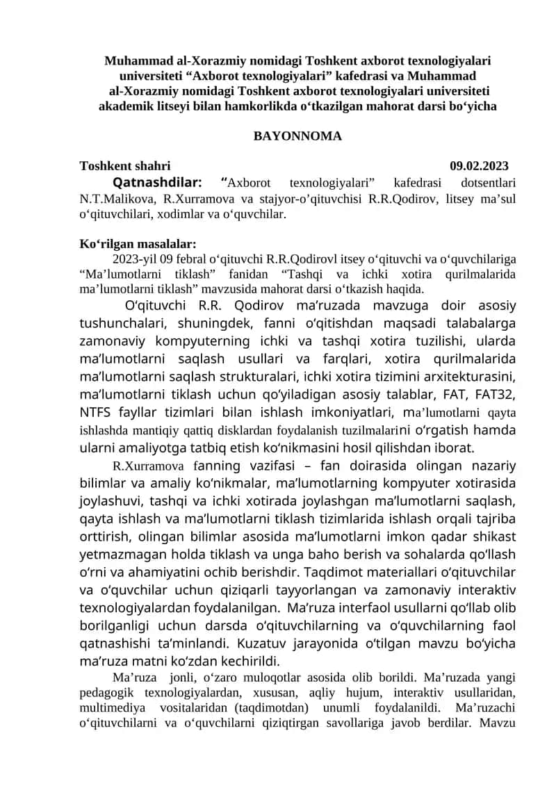 "Ma'lumotlarni tiklash" mahorat darsi