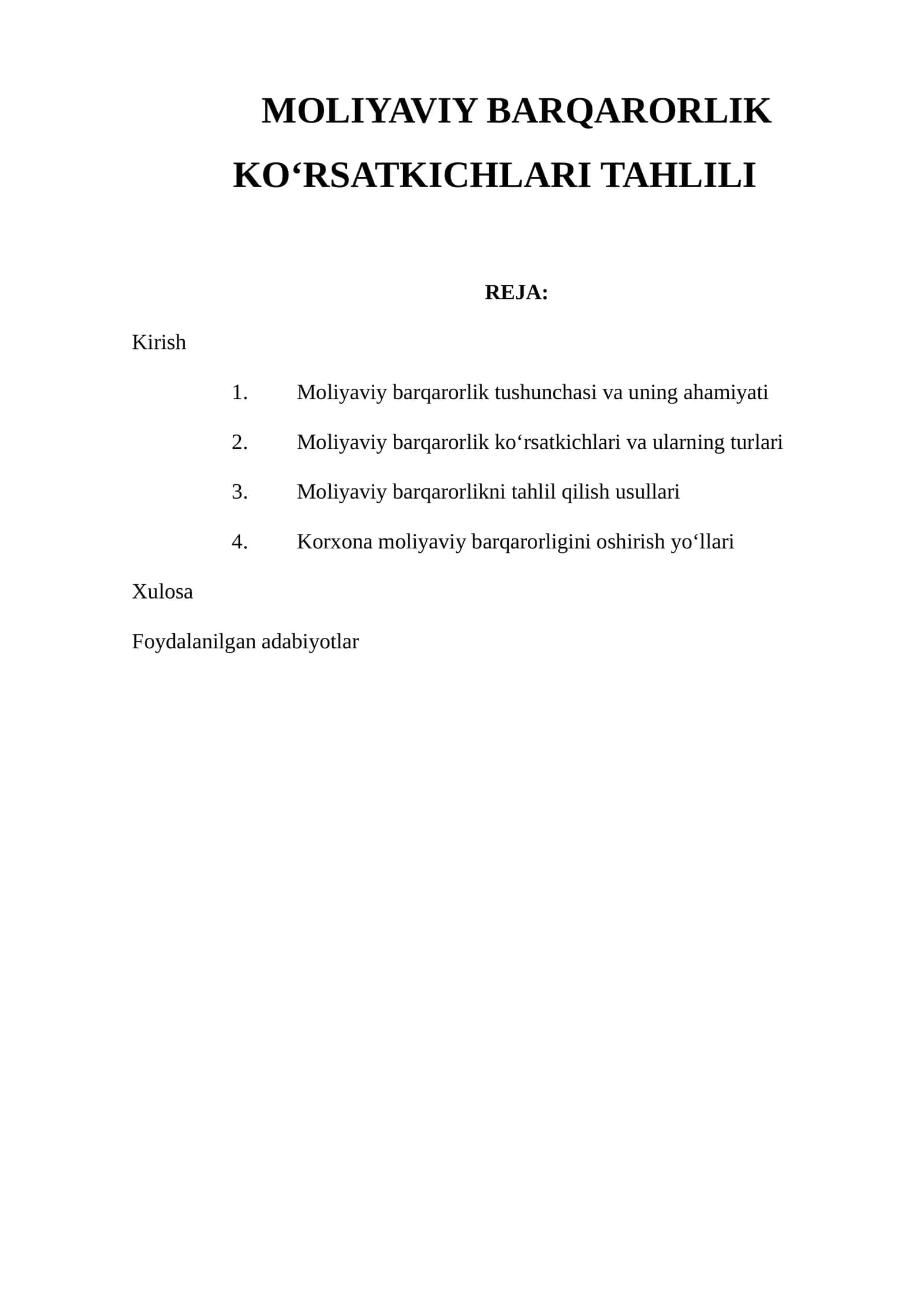 MOLIYAVIY BARQARORLIK KO‘RSATKICHLARI TAHLILI