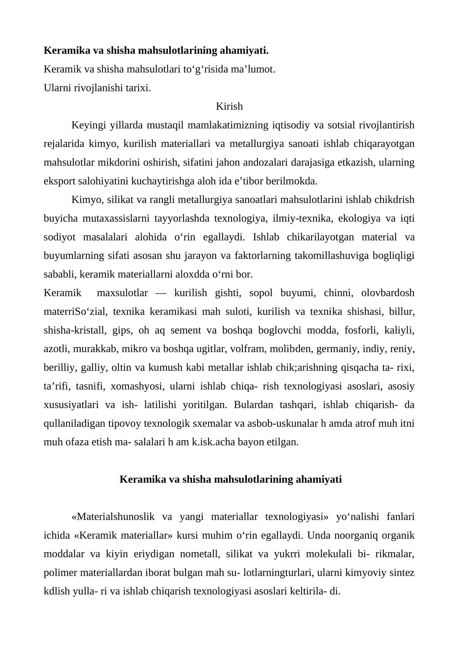 Keramika va shisha mahsulotlarining ahamiyati