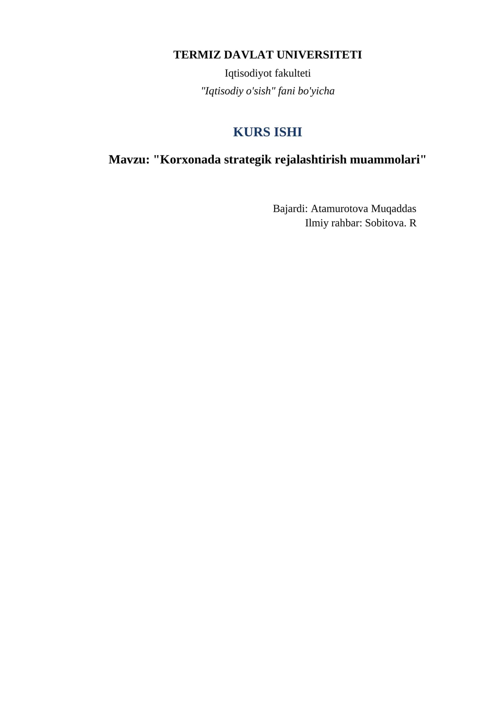 Kurs ishi "Korxonada strategik rejalashtirish muammolari"