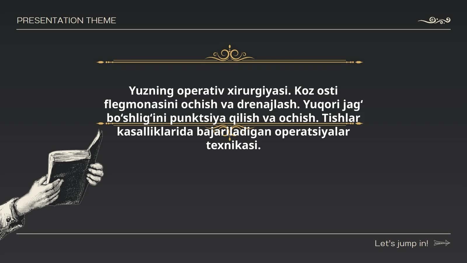 Yuzning operativ xirurgiyasi. Koz osti flegmonasini ochish va drenajlash. Yuqori jag‘ bo‘shlig‘ini punktsiya qilish va ochish. Tishlar kasalliklarida bajariladigan operatsiyalar texnikasi