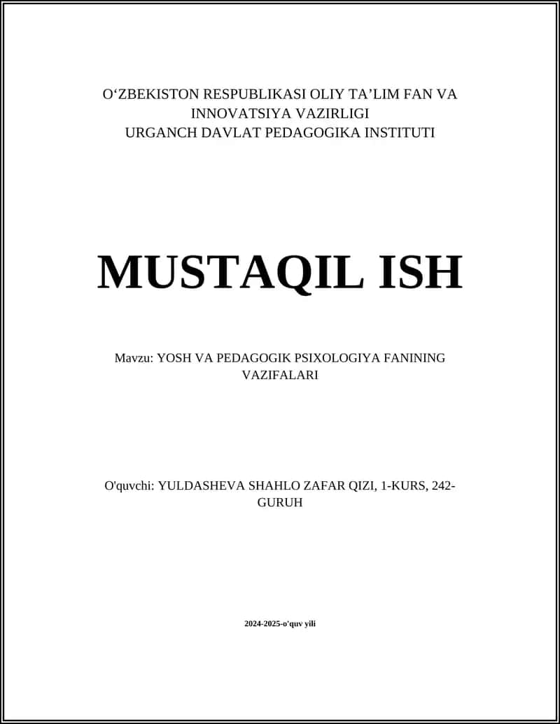 YOSH VA PEDAGOGIK PSIXOLOGIYA FANINING VAZIFALARI
